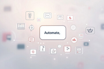 Naklejka premium Automate Button Central Clean Interface Workflow Icons System Efficiency Digital Technology Modern Process