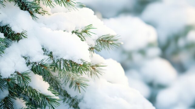 Close up of snow covered pine tree branches in soft sunlight during winter season outdoors