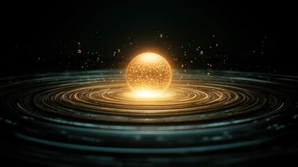 Obraz premium A glowing sphere radiates light, surrounded by swirling ripples, creating a mesmerizing cosmic effect in a dark background.