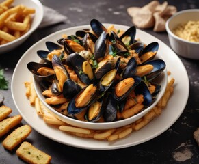Fototapeta premium A bowl of Belgian mussels served in a rich and creamy sauce over crispy potato fries , Belgian mussels, richness