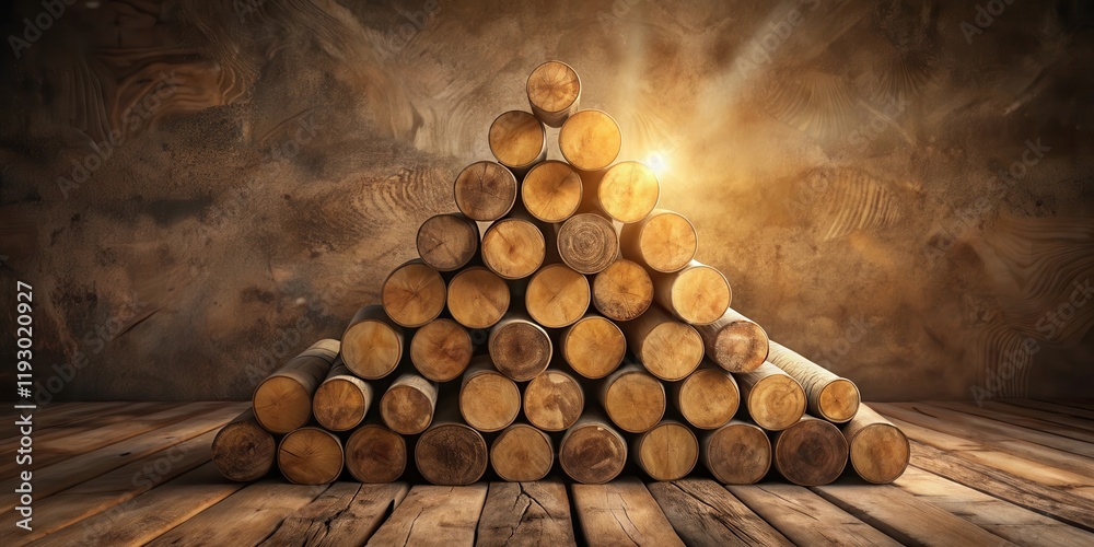 Poster a triangular stack of rustic wooden logs on a weathered wooden floor against a textured brown backgr