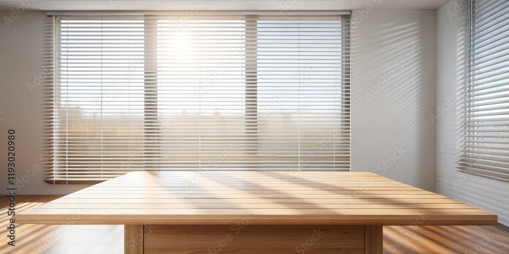 Poster sunlight streams through window blinds onto a light wood table