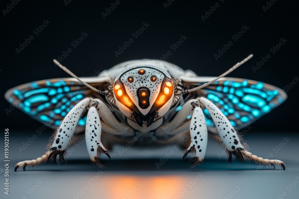 Poster An isolated insect glowing brightly under UV light, with its wings displaying intricate fluorescent patterns