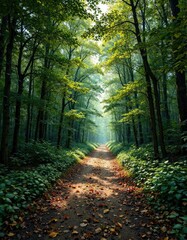 Obraz premium A narrow dirt path in the heart of a dense green forest with fallen leaves on the ground, dense foliage, autumn leaves, tree-lined trail