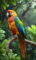 A brightly colored parrot on a curved branch with lush green leaves, bird, leaves, nature