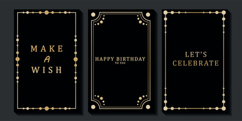 Set of luxury birthday cards on a black background. Modern gold and black design. Golden elegant geometric pattern, gold line on dark background. Premium design illustration for birthday party.