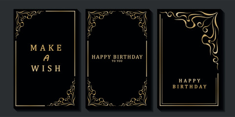 Set of luxury birthday cards on a black background. Modern gold and black design. Golden elegant geometric pattern, gold line on dark background. Premium design illustration for birthday party.