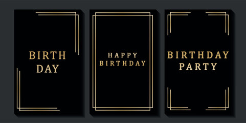 Set of luxury birthday cards on a black background. Modern gold and black design. Golden elegant geometric pattern, gold line on dark background. Premium design illustration for birthday party.