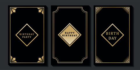 Set of luxury birthday cards on a black background. Modern gold and black design. Golden elegant geometric pattern, gold line on dark background. Premium design illustration for birthday party.