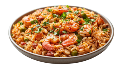 Jambalaya rice dish isolated on transparent  background 