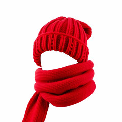 Woolen winter red hat and scarf isolated