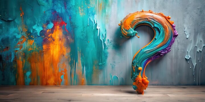 Abstract swirling paint question mark on wooden surface