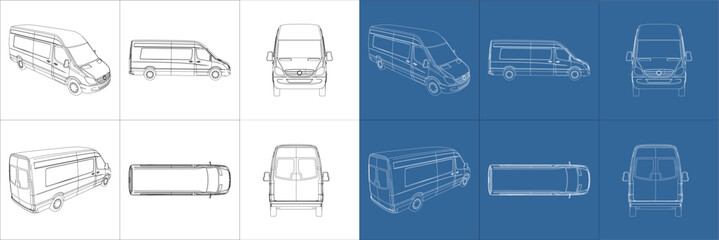 vector delivery van all side view line art draw blueprint wireframe on isolated on transparent background © WINDERFULL STUDIO