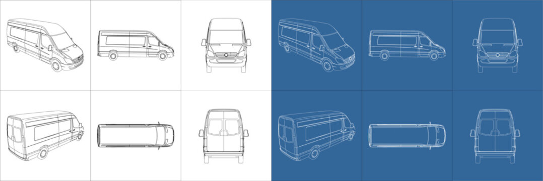 vector delivery van all side view line art draw blueprint wireframe on isolated on transparent background