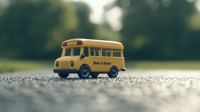 A small yellow school bus toy on a road, symbolizing back-to-school season.