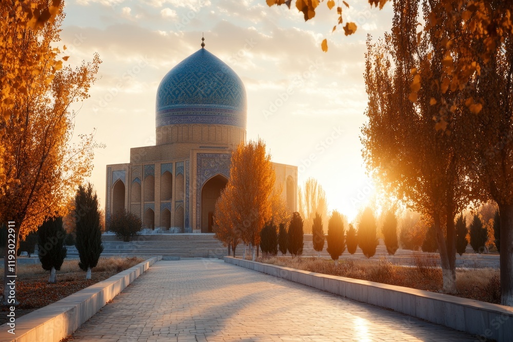 Poster the blue-tiled chashma-ayub mausoleum in bukhara, surrounded by serene gardens and soft light filter