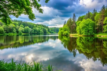 Obraz premium A calm grey landscape with a serene lake in the background, surrounded by lush greenery and towering trees, natural world, reflection, nature, environment, water