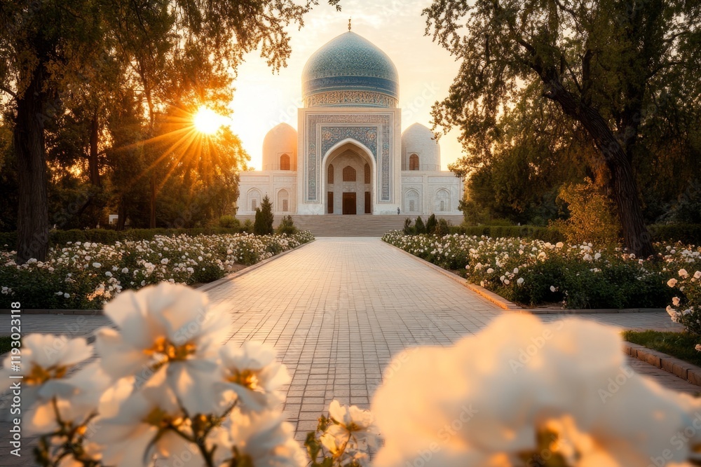 Poster the blue-tiled chashma-ayub mausoleum in bukhara, surrounded by serene gardens and soft light filter