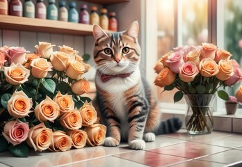 cute cat in flower shop buying roses for valentine's day