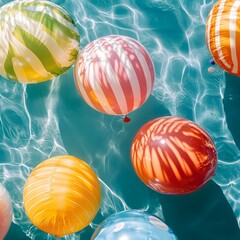Abstract summer-themed composition with colorful beach balls and inflatable pool floats.