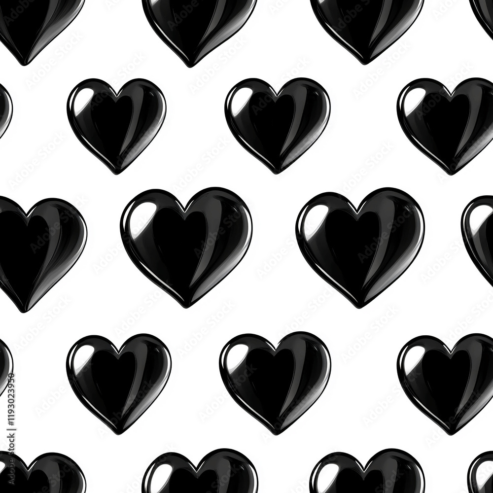 Poster Glossy black heart texture pattern on white background for Valentine's Day