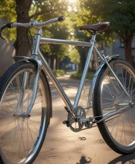 A chrome plated bicycle frame gleaming in sunlight , bike in sun, outdoor bike