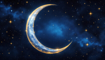 Fototapeta premium Moon crescent glowing in a starry sky with deep blue background and copy space