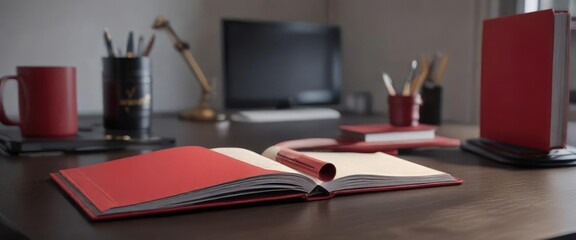 A red hardcover book sits alone on a minimalist desk with no other objects nearby , , empty space, minimalist desk