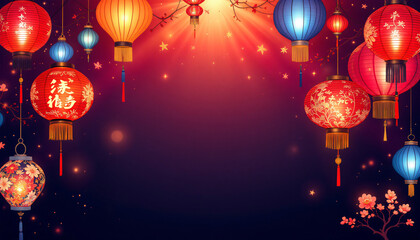 Vibrant Chinese lanterns against a dark background with festive lights and decorations