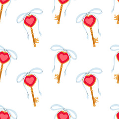 Golden key with bow and heart. Valentine's Day seamless pattern for textile, wrapping paper, background.