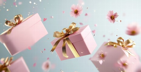 Fototapeta premium Valentine's Day banner with pink gift boxes with a golden ribbon and flying flowers on a light background. Greeting card template for Happy Valentine's Day celebration.