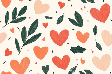 A seamless pattern combining warm coral and peach hearts with dark green leaves on a light background. 