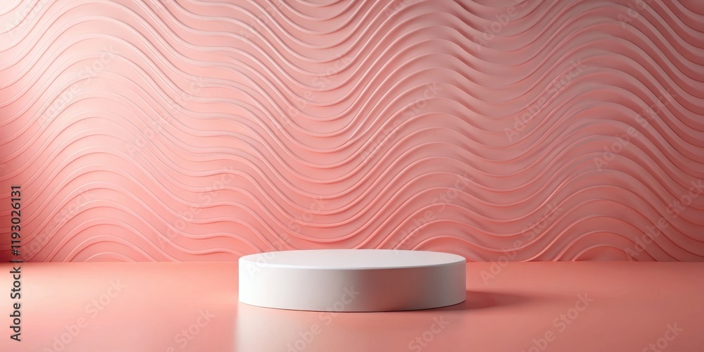 Aufkleber a minimalist product display featuring a white cylindrical platform against a soft pink wavy backdro