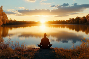 A person sits peacefully by a lake at sunset, practicing meditation