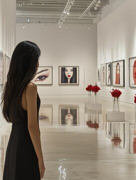 Woman in art gallery observing portraits reflecting feminism and strength, celebrating March 8 Women&rsquo;s Day, empowerment concept