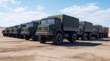 Fototapeta premium A fleet of military-grade transport trucks lined up in an open desert area