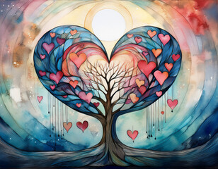 幾何学模様で描かれた木の幹は直線と円柱で構成され、枝と葉はピンクと赤の抽象的なハート型で埋め尽くされてた背景イメージ