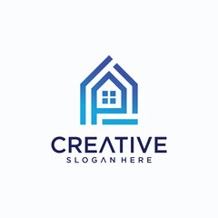P letter house logo design in dot line art style building technology P letter logo modern buiding