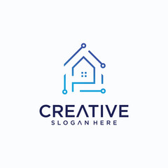 P letter house logo design in dot line art style building technology P letter logo modern buiding