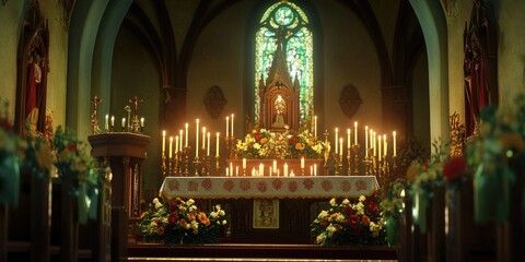 Obraz premium Serene Church Altar with Lit Candles and Beautiful Floral Arrangements for Reflection.