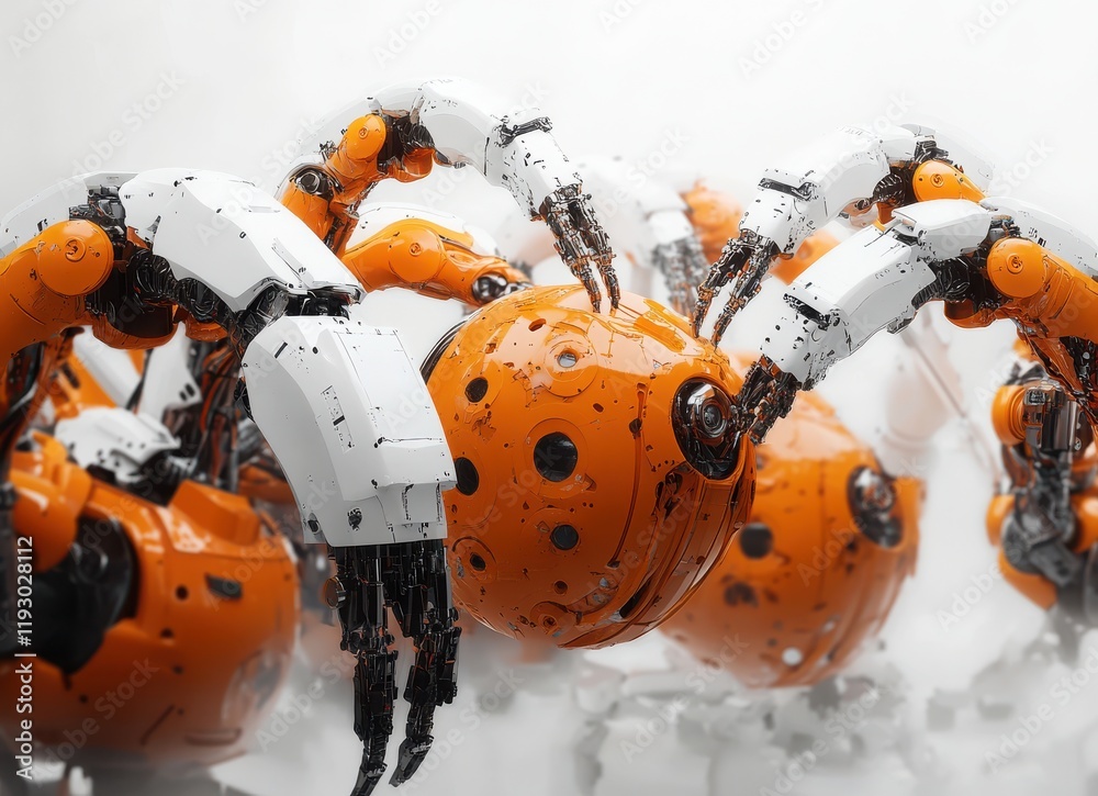 Poster Intricate Futuristic Robots Manipulating Vibrant Orange Spheres in a Dynamic Composition Highlighting Technology and Innovation in Automation