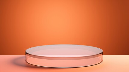 Empty Round Thin Glass Podium on an Orange Background Ideal for Displaying Products and Presentations in Professional Settings