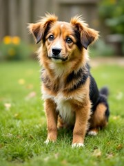 A sweet puppy with a mix of brown, black, and white fur sits alertly on a patch of green grass, looking directly at the camera