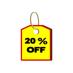 20% off yellow tag with red border, beige cord and white background