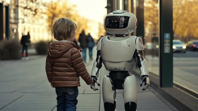 Child interacts with robot in urban setting during autumn afternoon stroll