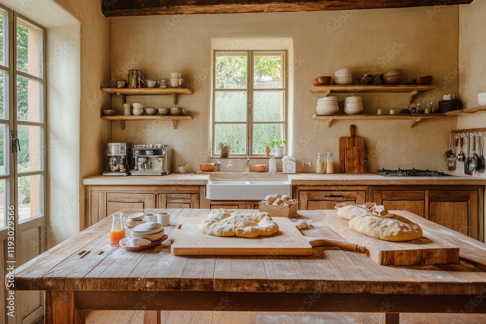 Aufkleber rustic kitchen setting with fresh ingredients and dough on wooden table invites culinary creativity 