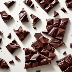 Close-up of broken chocolate pieces on a white surface, showcasing rich texture and delicious details.