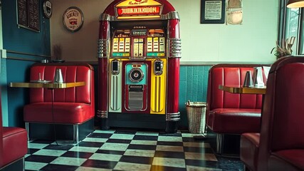 4k video Retro diner interior with vintage jukebox and red booths.