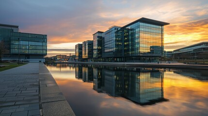 Fototapeta premium Modern office buildings by a river at sunset symbolize growth and investment opportunities.