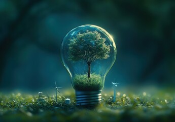 Light Bulb with Tree Inside Symbolizing Sustainability and Eco-Friendly Innovation Amidst Renewable Energy Sources in a Green Environment
